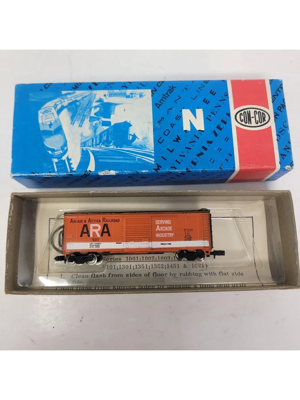 Con-Cor N Scale 40' Boxcar Arcade Attica Railroad ARA 501 Orange w/ Box